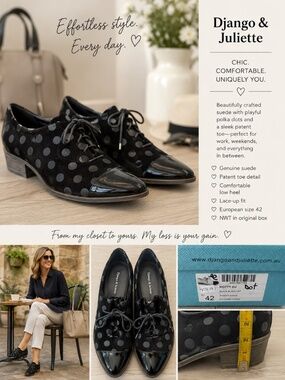 Django & Juliette KOTTY-DJ Shoes EU 42 | Black Suede Polka Dot | Patent Toe
